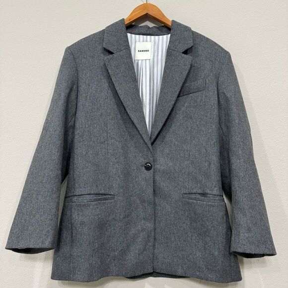 New Sandro France Palma Jacket Tailored Cut Wool Blend‎ Gray size 10 US - Picture 7 of 15
